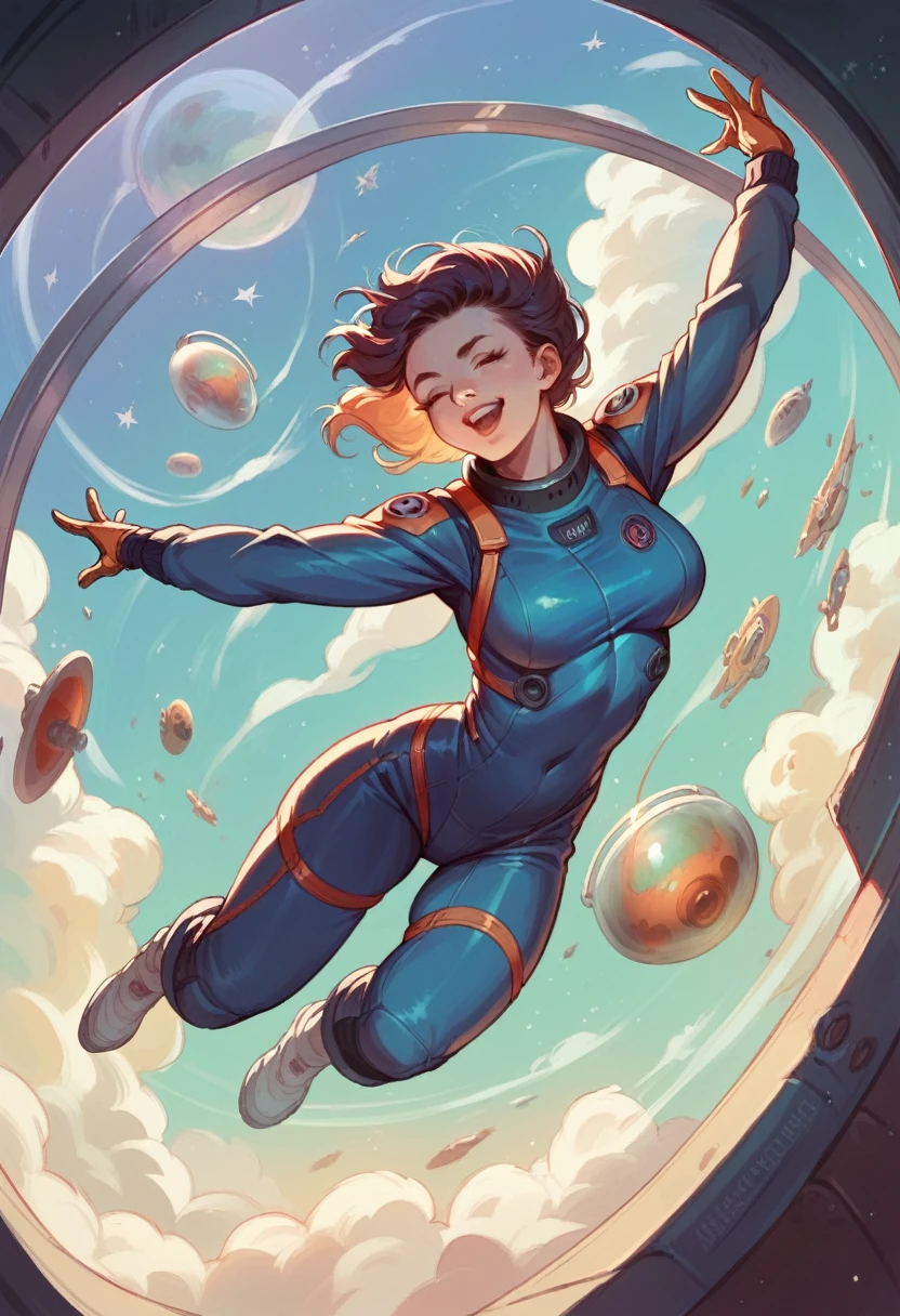 realistic Lunar Surface、A woman in a space suit is jumping