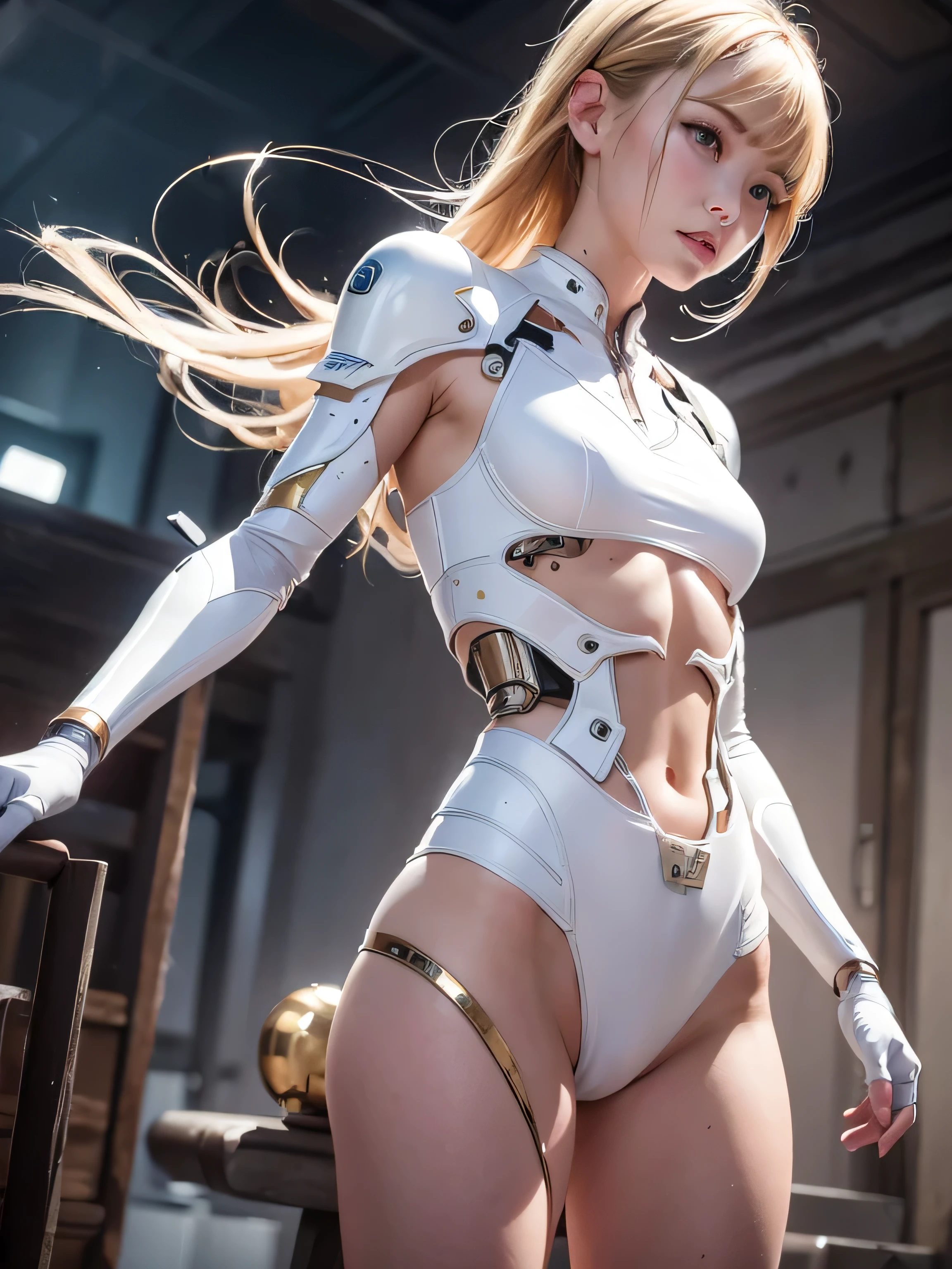 Cyborg Girl, Realistic cyborg girl in combat, Description Real, Porcelain-like skin, Very white skin, so beautiful, Blonde, Skin wounds, Many mechanical body organs, Exposing the chest and abdomen, His limbs are all cyborg, Background Battlefield