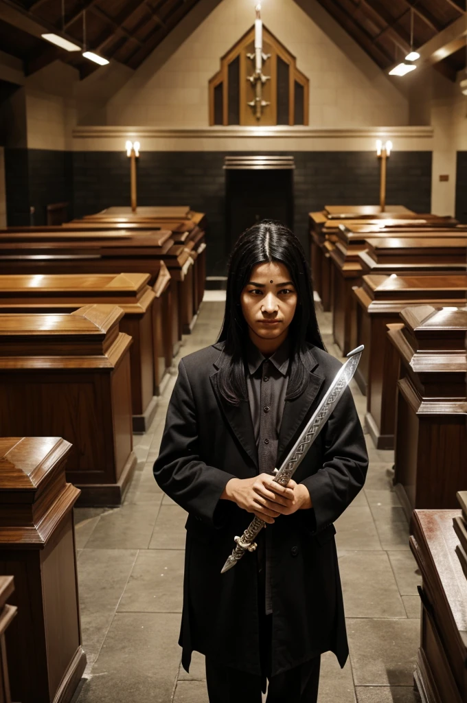 There is a crowd of hundreds at the crematorium and people have swords in their hands.