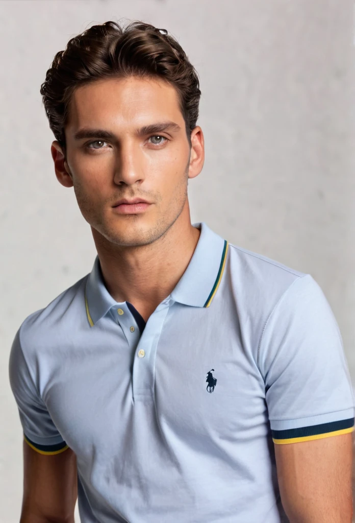 a male model, looking at the camera with a penetrating gaze, he wears a basic polo, he is in a photography studio
