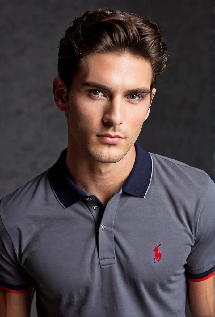 a male model, looking at the camera with a penetrating gaze, he wears a basic polo, he is in a photography studio