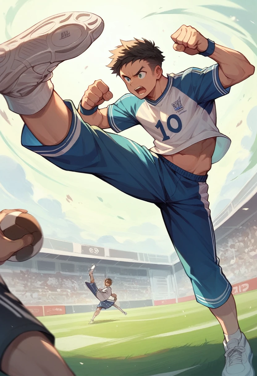 A boy kicking the football anime