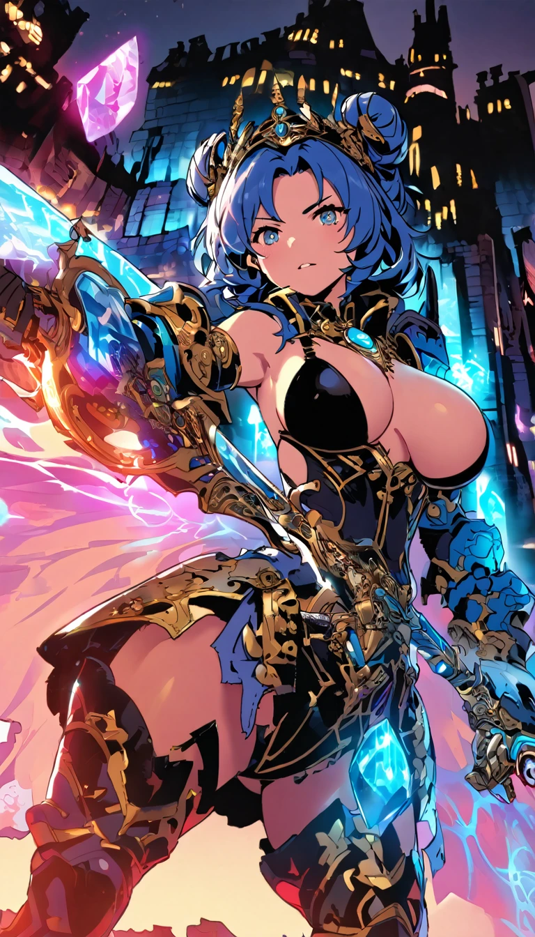 best quality,4k,8k,highres,masterpiece:1.2),ultra-detailed, extremely detailed eyes, extremely detailed body, (large masterpiece digital art), (detailed manga illustration), (detailed line art), ((perfect anatomy)), (intricate details:1.3), (ultra-detailed:1.3), (illustration:1.3), (sharp focus:1.3), (natural lighting:1.05), (vivid colors:1.3), (masterpiece), best quality, expressive eyes, perfect face, 1 girl, breasts, gloves, large breasts, {blue hair}, medium hair, wavy hair, (gray eyes), hourglass physique, huge ass, dynamic pose, dynamic lighting, fur trim, hair bun, glowing, crystal, helmet, armor, ((full armor)), cuisses, shoulder armor, belt, hand guard, boots, glove, particles stream, creationmagic, ethereal creation, Magic Circle, glowing, crystal, jim lee, Brazilian woman, hair bun, fur trim, jewelry, crystal, wild energy, cinematic lighting, heroic atmosphere, Beautiful woman, Atey Ghailan, Jeremy Mann, Greg Manchess, Antonio Moro, trend in ArtStation, trend in CGSociety, Intricate, High Detail, Sharp focus, dramatic and photorealistic painting art by Midjourney and Greg Rutkowski, Marvel Cinematic Universe style, (((mystical gothic castle in the background))), crystal sword in hand,