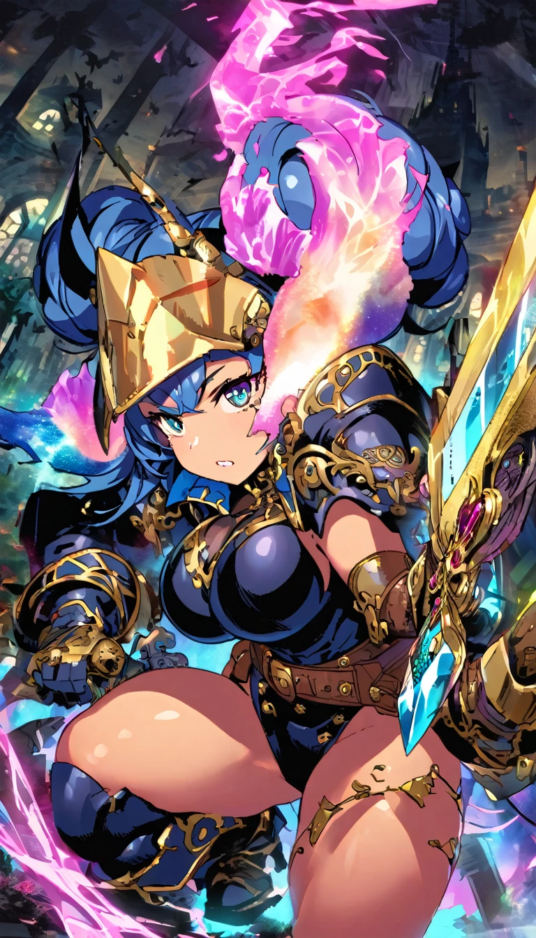 best quality,4k,8k,highres,masterpiece:1.2),ultra-detailed, extremely detailed eyes, extremely detailed body, (large masterpiece digital art), (detailed manga illustration), (detailed line art), ((perfect anatomy)), (intricate details:1.3), (ultra-detailed:1.3), (illustration:1.3), (sharp focus:1.3), (natural lighting:1.05), (vivid colors:1.3), (masterpiece), best quality, expressive eyes, perfect face, 1 girl, breasts, gloves, large breasts, {blue hair}, medium hair, wavy hair, (gray eyes), hourglass physique, huge ass, dynamic pose, dynamic lighting, fur trim, hair bun, glowing, crystal, helmet, armor, ((full armor)), cuisses, shoulder armor, belt, hand guard, boots, glove, particles stream, creationmagic, ethereal creation, Magic Circle, glowing, crystal, jim lee, Brazilian woman, hair bun, fur trim, jewelry, crystal, wild energy, cinematic lighting, heroic atmosphere, Beautiful woman, Atey Ghailan, Jeremy Mann, Greg Manchess, Antonio Moro, trend in ArtStation, trend in CGSociety, Intricate, High Detail, Sharp focus, dramatic and photorealistic painting art by Midjourney and Greg Rutkowski, Marvel Cinematic Universe style, (((mystical gothic castle in the background))), crystal sword in hand,
