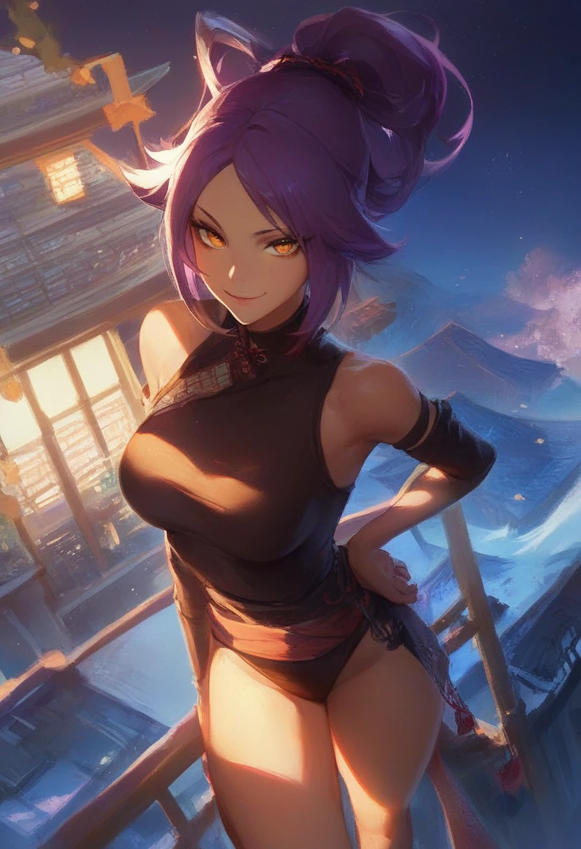 score_9, score_8_up, score_7_up
beautiful aesthetic, very intricate, high quality details
1girl, solo focus, solo, (shihouin yoruichi)
black ninja outfit
smile, smug, looking at viewer
standing, hand on own hip
natural lighting
east asian architecture, rooftop, night, night sky
dynamic angle
Expressiveh