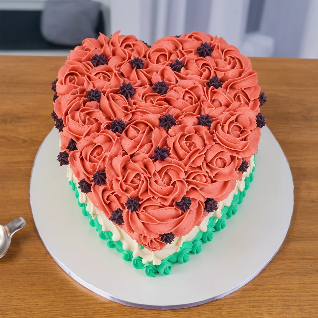 on a wooden table, a cream cake in the form of a heart, the lower part of the cake is made of green cream stars, a cream layers red white green, made of polymer clay, window light, bright lights, soft light, window light, professional lighting, light from the window, neat light, realistic texture, realistic style, detailed texture, high quality, high resolution, high quality rendering, realistic photo, brightning light, macro photo