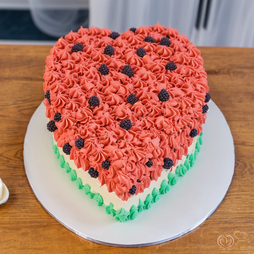 on a wooden table, a cream cake in the form of a heart, the lower part of the cake is made of green cream stars, a cream layers red white green, made of polymer clay, window light, bright lights, soft light, window light, professional lighting, light from the window, neat light, realistic texture, realistic style, detailed texture, high quality, high resolution, high quality rendering, realistic photo, brightning light, macro photo