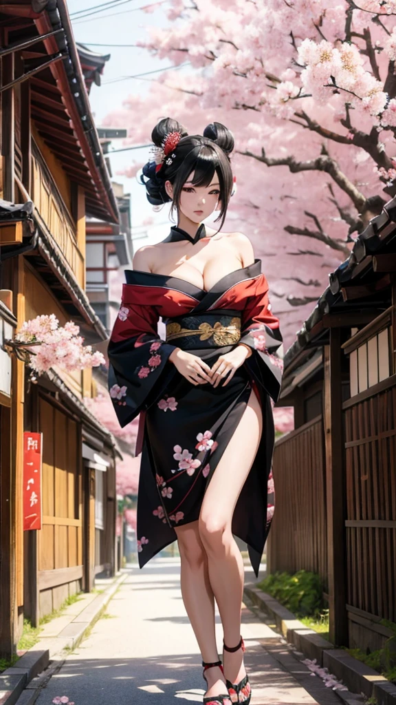 Black hair geisha hairstyle adult women，kimono，Off-shoulder，cleavage，Bare Legs，Japanese Street，Cherry blossoms