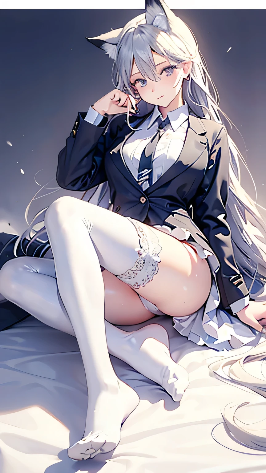 Lie back，Fox Teacher，Long hair，Added a little flexibility，Rich in layers，Soaked，The ons on my chest fell off，White garter stockings，White sticky fluid on soles of feet，Elastic thighs