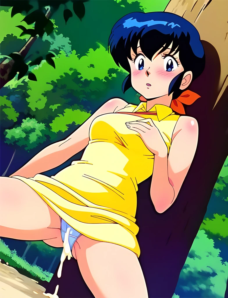 ,kyoko,score_9,score_8_upper,score_7_upper,sauce_アニメ,One girl,alone,View your viewers,in the forest、Yellow dress、squat、Spread your legs、Panties,Front view,Are standing,Embarrassing,:d,arms_behind_return,Sleeveless summer dress、Cum on crotch、