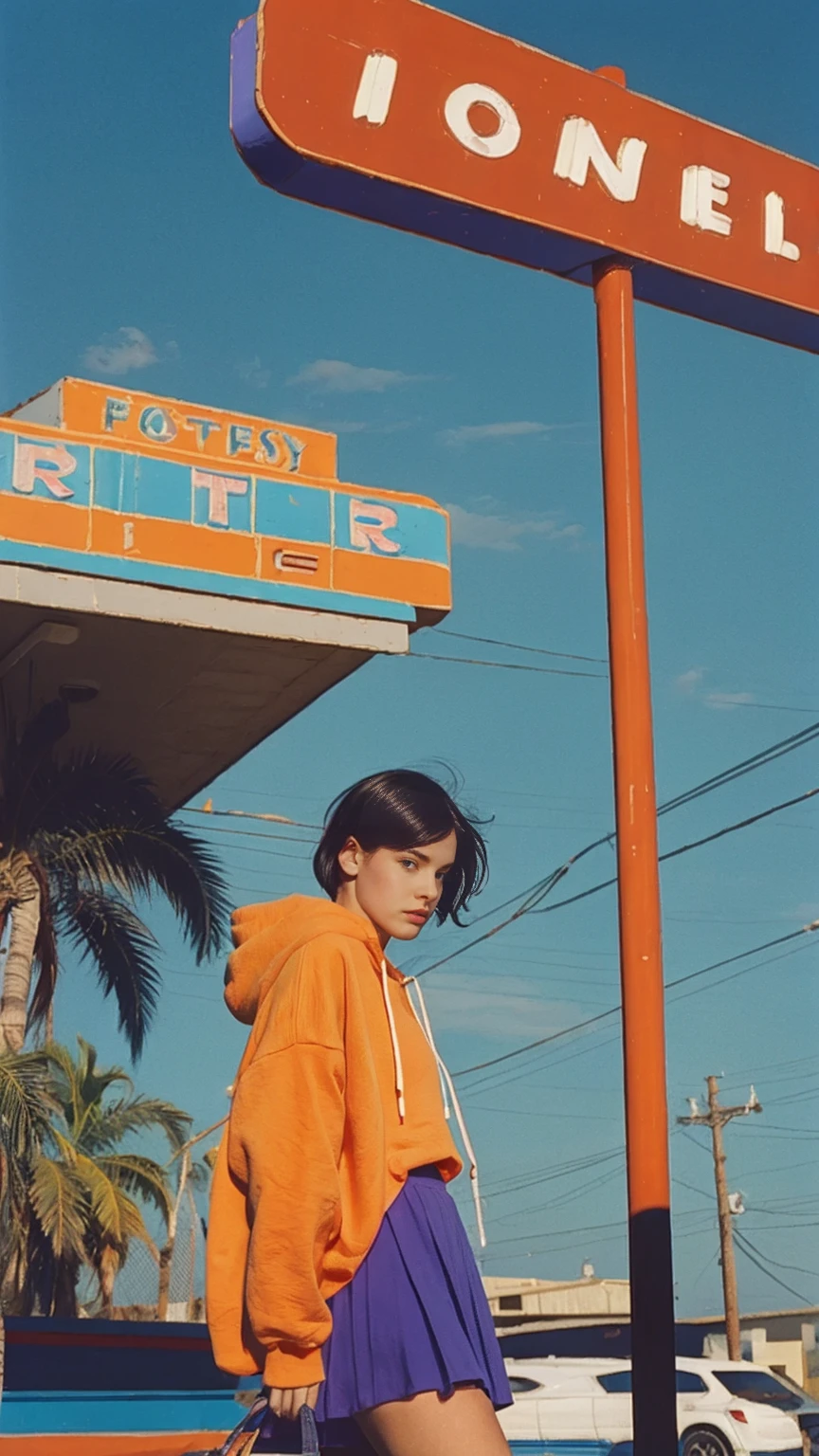 1 girl,looking camera, wear ((orange oversized hoodie)), (purple tennis skirt),Best Quality,Masterpiece,Ultra High Resolution,(Realisticity:1.4),Original Photo, 8k, light leak,dark intens shadow,ultra high resolution,UHD,beautiful, (black bob hair), almond eye, no makeup, in front of 80's architecture colorful motel, (from below:1.2), (realistic:1.2), (surreal:1.3), (very detailed:1.1), ((masterpiece)),summer, blue sky, palm trees,sunny, los angles vibes