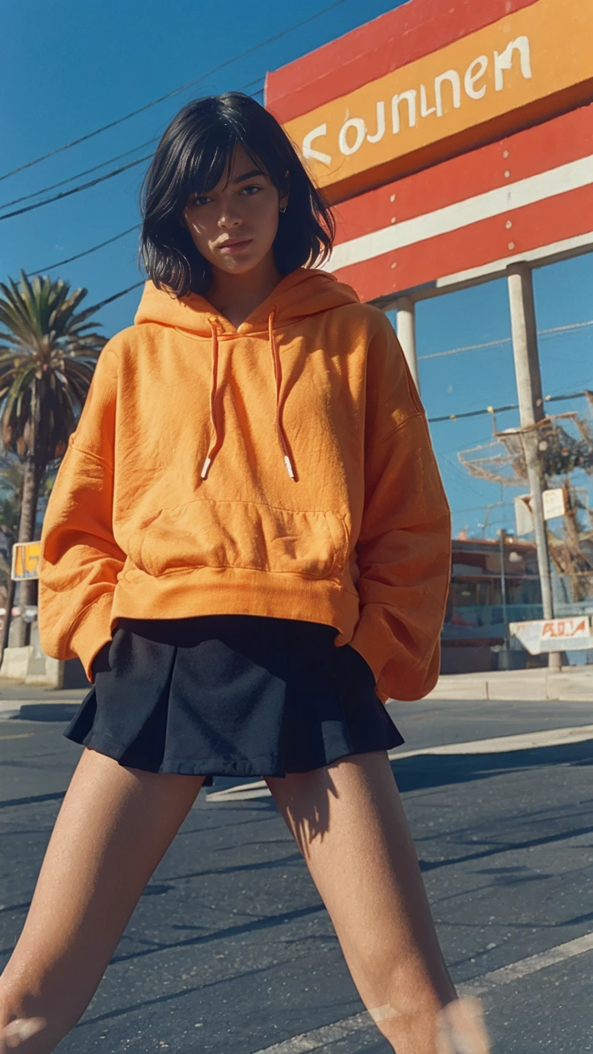 1 girl,looking camera, wear ((orange oversized hoodie)), (purple tennis skirt),Best Quality,Masterpiece,Ultra High Resolution,(Realisticity:1.4),Original Photo, 8k, light leak,dark intens shadow,ultra high resolution,UHD,beautiful, (black bob hair), almond eye, no makeup, in front of 80's architecture colorful motel, (from below:1.2), (realistic:1.2), (surreal:1.3), (very detailed:1.1), ((masterpiece)),summer, blue sky, palm trees,sunny, los angles vibes