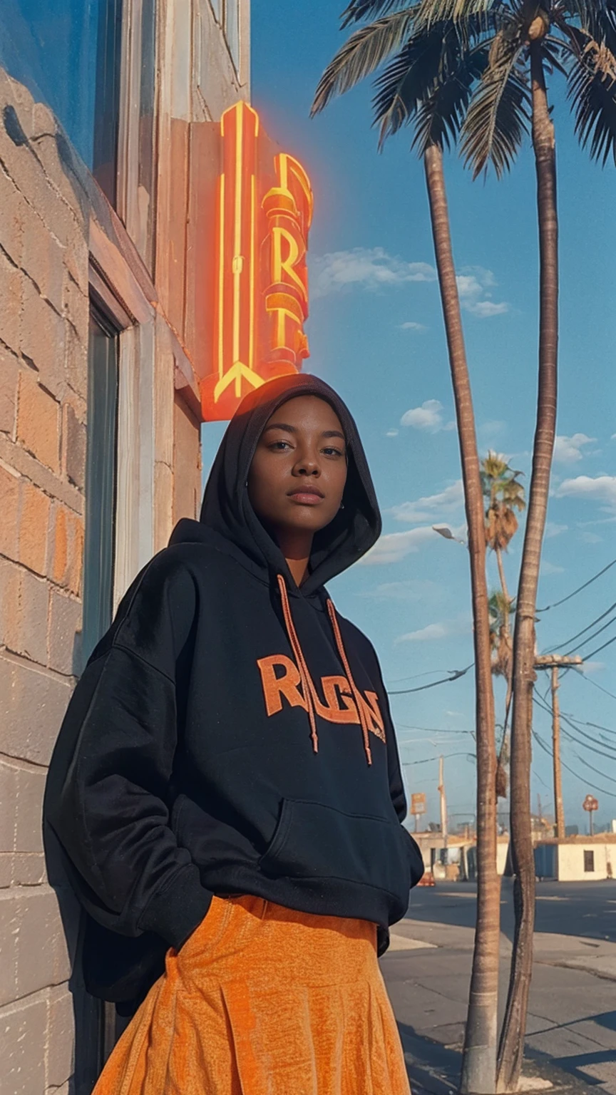 1 girl,looking camera, wear ((orange oversized hoodie)), (purple tennis skirt),Best Quality,Masterpiece,Ultra High Resolution,(Realisticity:1.4),Original Photo, 8k, light leak,dark intens shadow,ultra high resolution,UHD,beautiful, (black bob hair), almond eye, no makeup, in front of 80's architecture colorful motel, (from below:1.2), (realistic:1.2), (surreal:1.3), (very detailed:1.1), ((masterpiece)),summer, blue sky, palm trees,sunny, los angles vibes