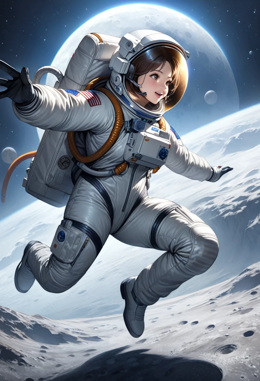 realistic Lunar Surface、A woman in a space suit is jumping　on the moon