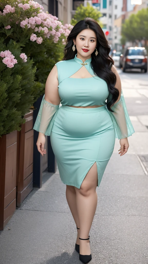on the street,Fat woman,Very fat,Very fat,Crush flower clothes (No cleavage),thigh, cosmetic, Outdoor sports, earrings, necklace, High-necked cheongsam, High Aims Neck Knit Bodycon Skirt,full-body shot,An Asian Japanese woman,18 years old,big eyes,elegant temperament elegant temperament,(masterpiece:1.2, best quality), Practical, (The real situation,20 years old, Intricate details, Depth of Field,High Aims neck clothes), careful, The content is very detailed, This is a perfect face, Perfect body, Large Model, Mature woman, High Aims,Black mesh garter belt,8K,best quality, masterpiece, Ultra-high resolution,(lifelike:1.4), original photo, Stay focused, detailed, dramatic, Exquisite beautiful woman, (tall and straight:1.1),(Fat goddess striptease high collar,High Aims collar fitted skirt),half butterfly earrings, double ring necklace, (:1.05), (35 years old, : 1.4),Long curly hair, Beautiful graphics, Pleated Skirt and Fishnet Stockings,High Aims heel