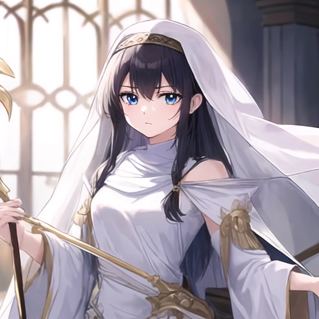 ((master piece:1.3)), Anime image of a woman in a white dress holding a gold cane, priest, serious, look at viewer, upper body, from front, the goddess , Beautiful maiden, detailed eyes, ((Beautiful detailed light blue eyes)), closed mouth, long hair, black hair, white veil, ((white background))