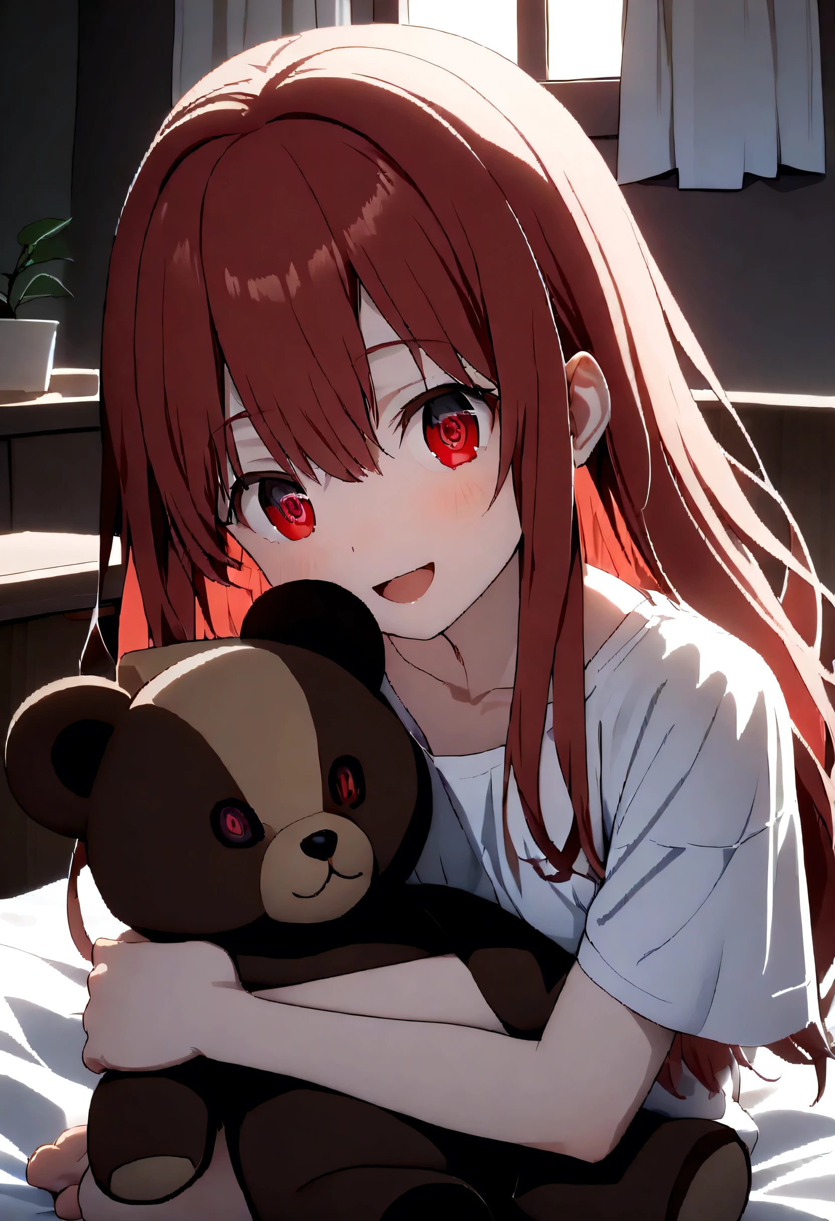 index, index, (red eyes:1.5), red hair, long hair, (flat chest:1.2),happy smile, smile, open your mouth, white T-shirt, oversized tシャツ, oversized t-shirt, oversized jacket,black string underwear, barefoot,barefoot,arm hugging teddy bear, Sitting on the bed,morning,morning日,the sun is rising,
break looking at viewer, Upper body, whole body,
break indoors, Bedroom,
break (masterpiece:1.2), highest quality, High resolution, unity 8k wallpaper, (figure:0.8), (beautiful deしっぽed eyes:1.6), extremely deしっぽed face, perfect lighting, extremely deしっぽed CG, (perfect hands, perfect anatomy),