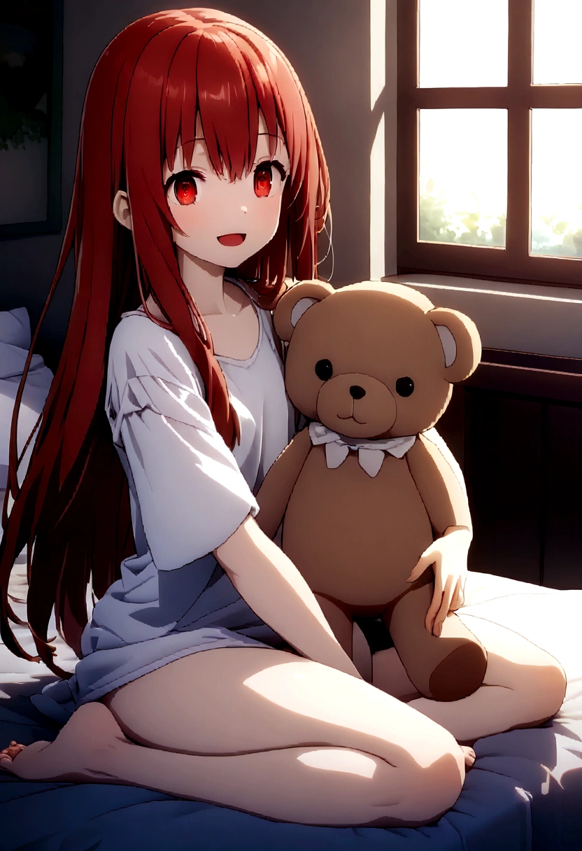 index, index, (red eyes:1.5), red hair, long hair, (flat chest:1.2),happy smile, smile, open your mouth, white T-shirt, oversized tシャツ, oversized t-shirt, oversized jacket,black string underwear, barefoot,barefoot,arm hugging teddy bear, Sitting on the bed,morning,morning日,the sun is rising,
break looking at viewer, Upper body, whole body,
break indoors, Bedroom,
break (masterpiece:1.2), highest quality, High resolution, unity 8k wallpaper, (figure:0.8), (beautiful deしっぽed eyes:1.6), extremely deしっぽed face, perfect lighting, extremely deしっぽed CG, (perfect hands, perfect anatomy),