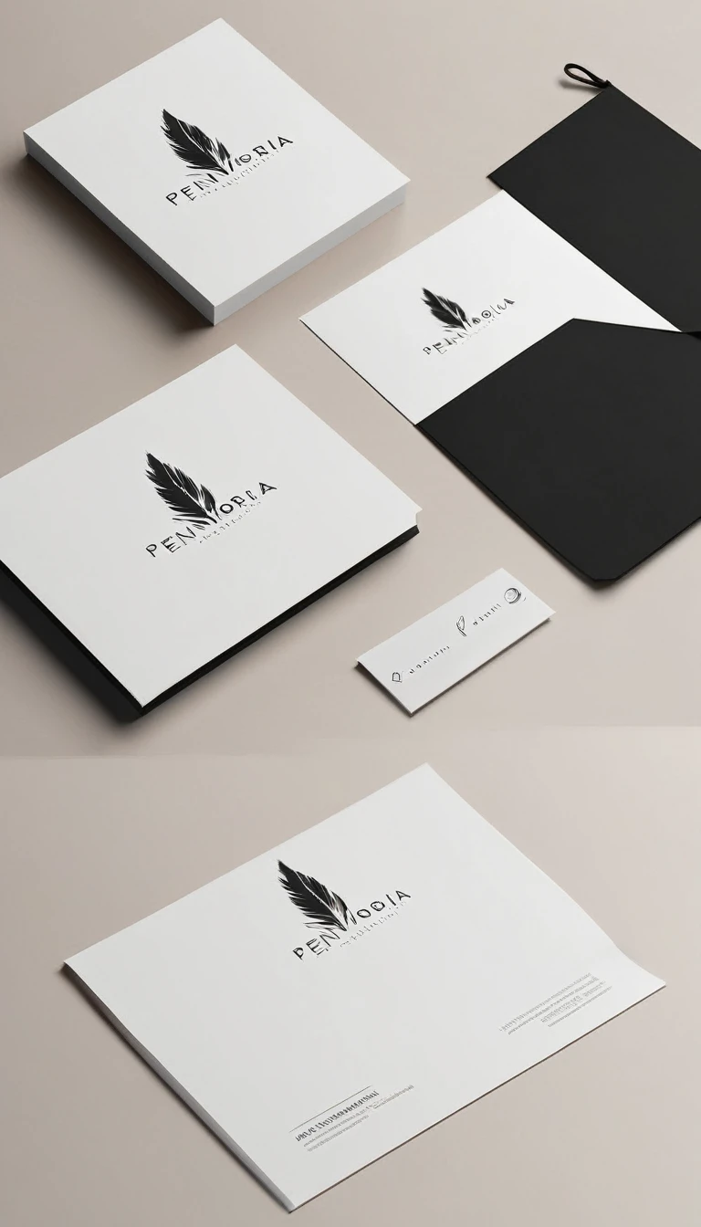 A minimal, modern, simple, cinematic logo design for the brand “Penamemoria". Create a modern, minimalistic, high-quality, logo of a feather-bird