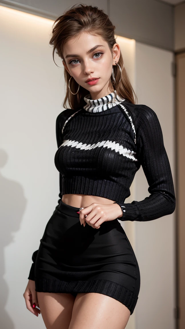 (Muscular:1.8), (thick thighs:1.8),
ginger female, red hair, (big smile:1.3),
(eyeshadow, lipstick, red lips, hoop earrings:1.5)
neck bandana, (white and black striped french style pullover stripetop:1.9), beret, (pencil skirt with slip up the side, side cut:1.6), pantyhose, stiletto heels,
looking at viewer, three quarter view,
dark bedroom, rim lighting, detailed skin, detailed eyes, two tone lighting, bokeh