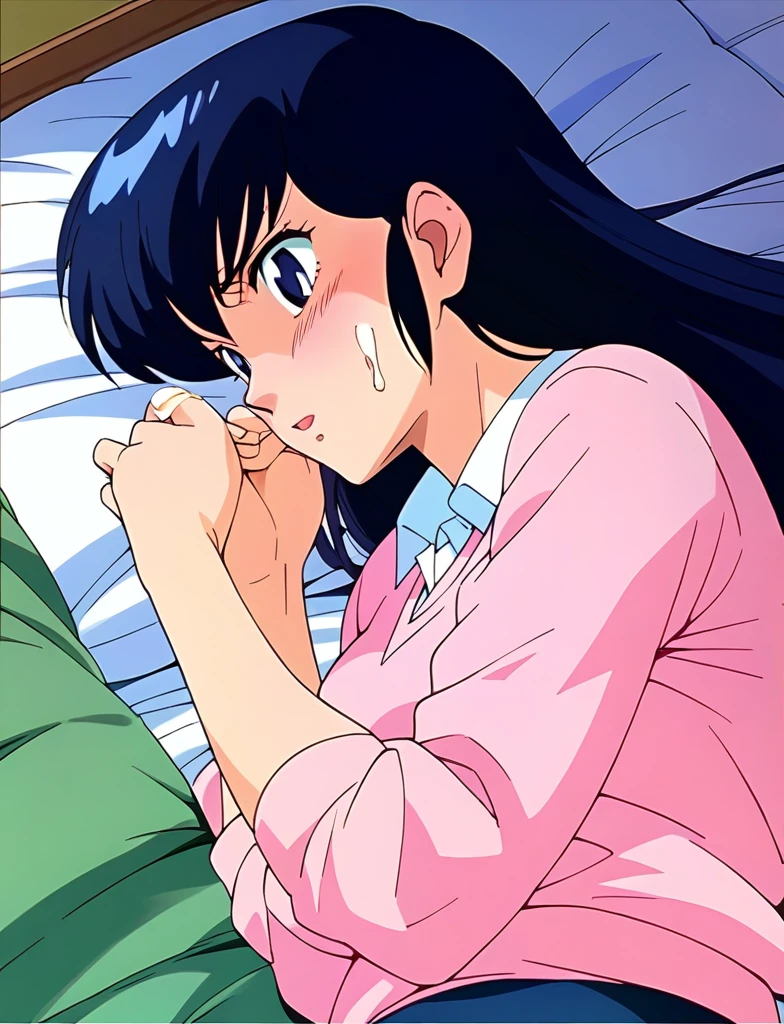 ,kyoko,score_9,score_8_upper,score_7_upper,sauce_アニメ,One girl,alone,Distract from the viewer、Hospital bed、Lying down、Pink Sweater,White collared shirt,length_skirt,blue skirt,Embarrassing、Rolled up skirt、Panties、Covered in semen、Covered in semen、Covered in semen、Semen on face、