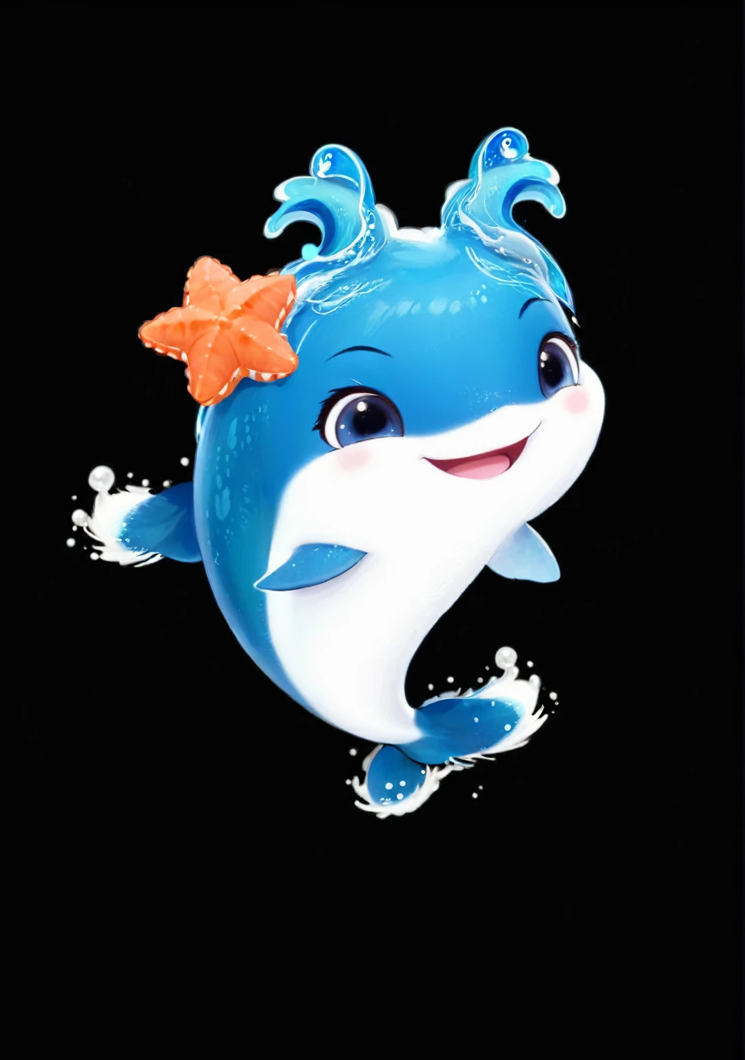 cute的海豚,big eyes,Smile,Starfish wreath on head,Wave decoration,There are waves at the tail,cute,Moe,Ultra-high quality,