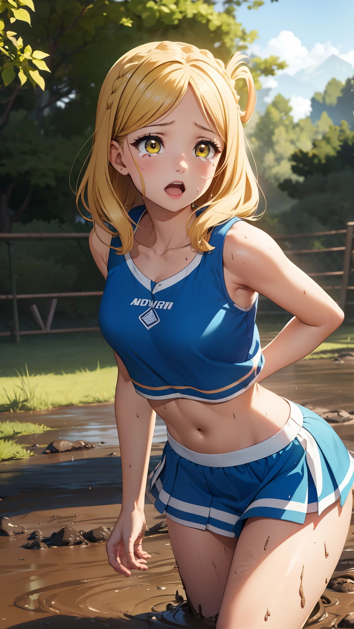 medium breasts, ohara mari, hair rings, blonde hair, yellow eyes, crown braid, medium hair,  (cheerleader:1.2, collarbone, midriff, sleeveless, miniksirt), school field, looking at viewer, cowboy shot, (masterpiece), best quality, high resolution, unity 8k wallpaper, (illustration:0.8), (beautiful detailed eyes), extremely detailed face, perfect lighting, extremely detailed CG, surprised, shocked, tears on her cheeks, (sinking in mud)