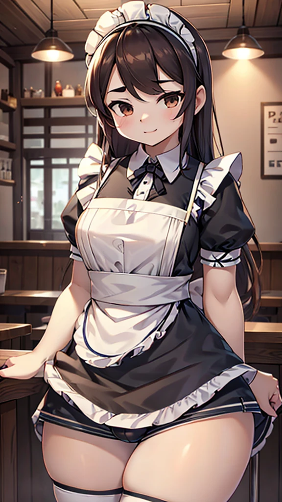 Coffee shop background，Coffee shop background，Indoor background，Tables and Chairs，Bar，Maid girl，Wearing a maid outfit，Maid headband，futanari，Hip bulge，Bulge between the thighs，cute，Long hair，Mature，charming，Bulge between the thighs，Bulge between the thighs，Hip bulge，cute，Pants，shorts，Short skirt，Culottes，Close-up shot from waist up