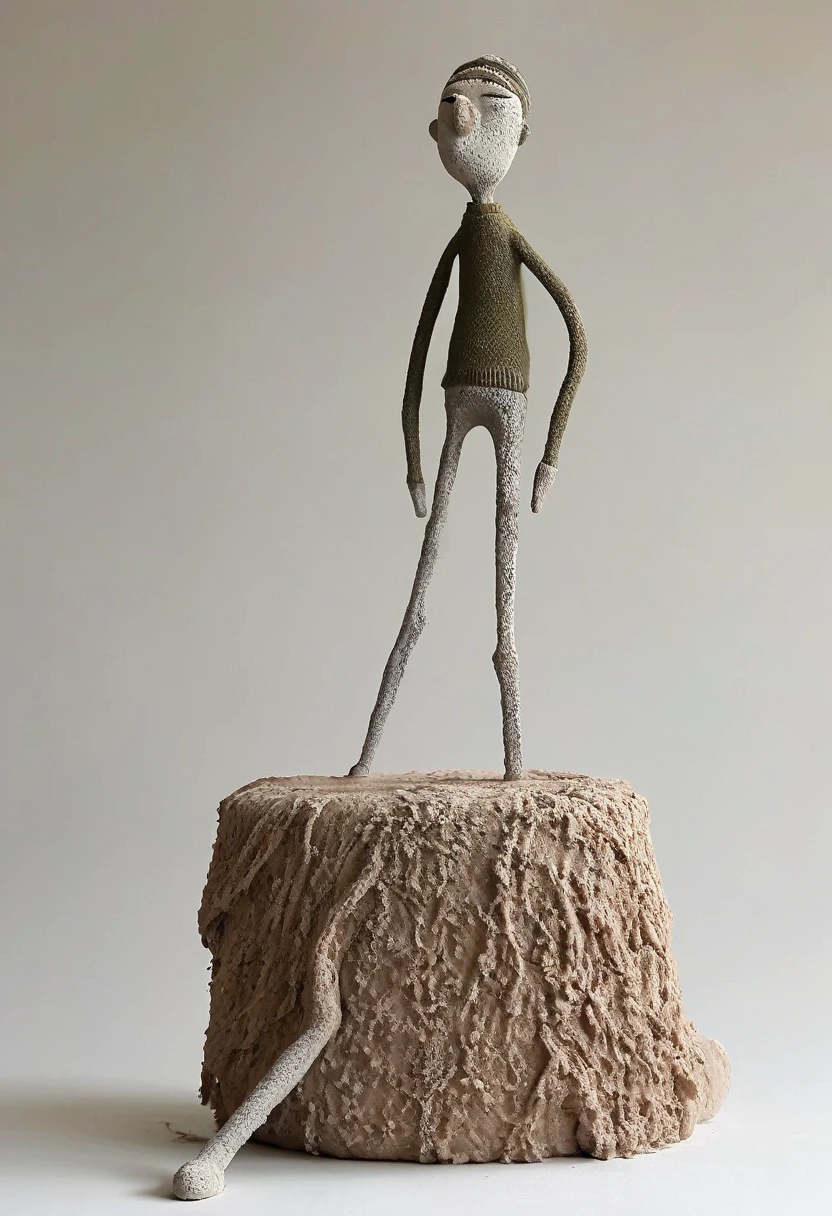 (best quality:1.2),ultra-light Clay, Clay, Pottery, Rough knitted texture, distressed, dirty, Mineral pigments, 3D Clay sculpture art, Clay sculpture, Rough surface, (artwork,Pi Hermann, like a sock puppet,Long legs,Concept Art,)