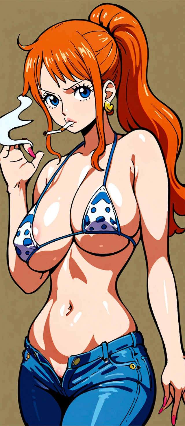 a cartoon picture of a woman in a bikini top and jeans, nami one piece, nami from one piece, nami, beautiful portrait of nami, from one piece, oppai, blue eyes, smoking, ponytail, nsfw