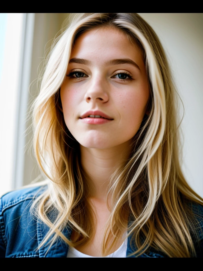 Le portrait réaliste d'une jeune fille de 22 ans.
Elle a des long cheveux blonds.
Elle est belle et possède des lèvres pulpeuses.