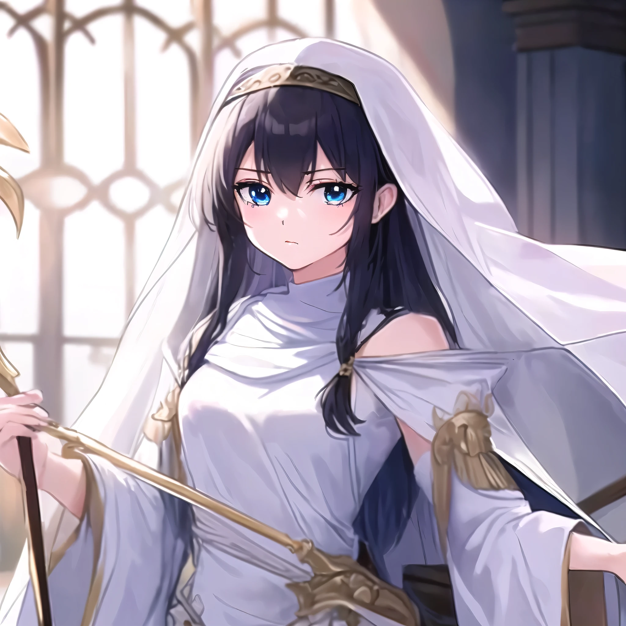 ((master piece:1.3)), Anime image of a woman in a white dress holding a gold cane, priest, serious, look at viewer, upper body, from front, the goddess , Beautiful maiden, detailed eyes, ((Beautiful detailed light blue eyes)), closed mouth, long hair, black hair, white veil, ((white background))