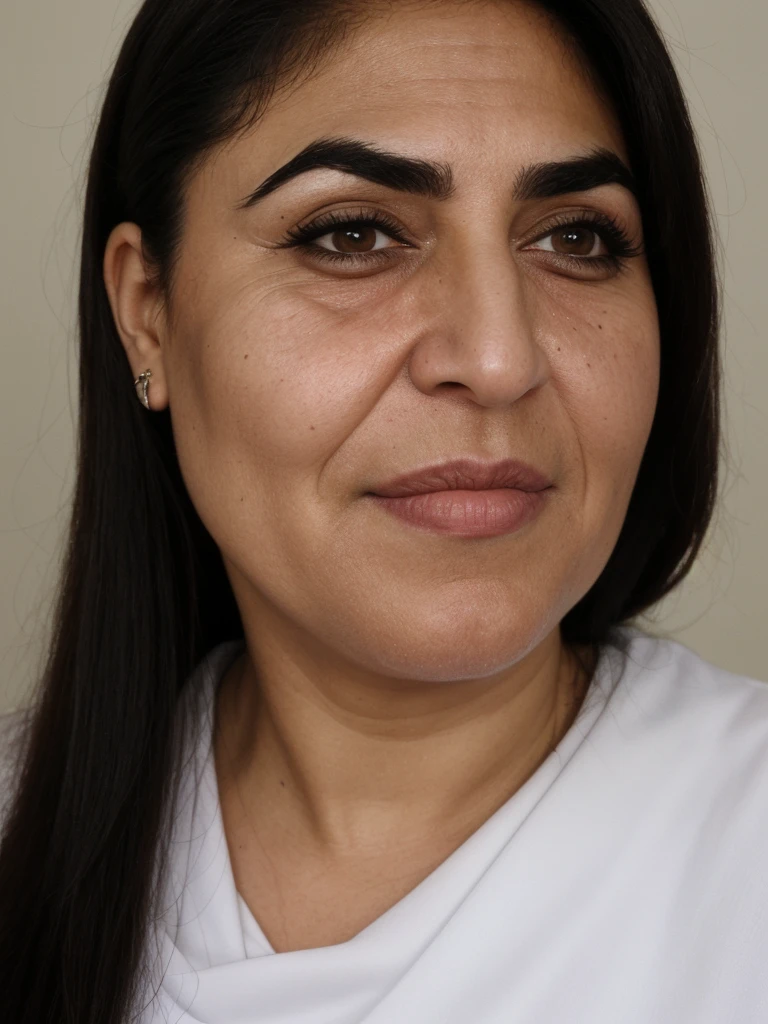 her name is Angleina, a middle-aged Kuwaiti woman, (((thick eyebrows))), (((snub nose))), (30 years old), (wrinkles), (ugly_face:1.6), 1girl, solo, (black long hair), grainy, amateur photo, smile