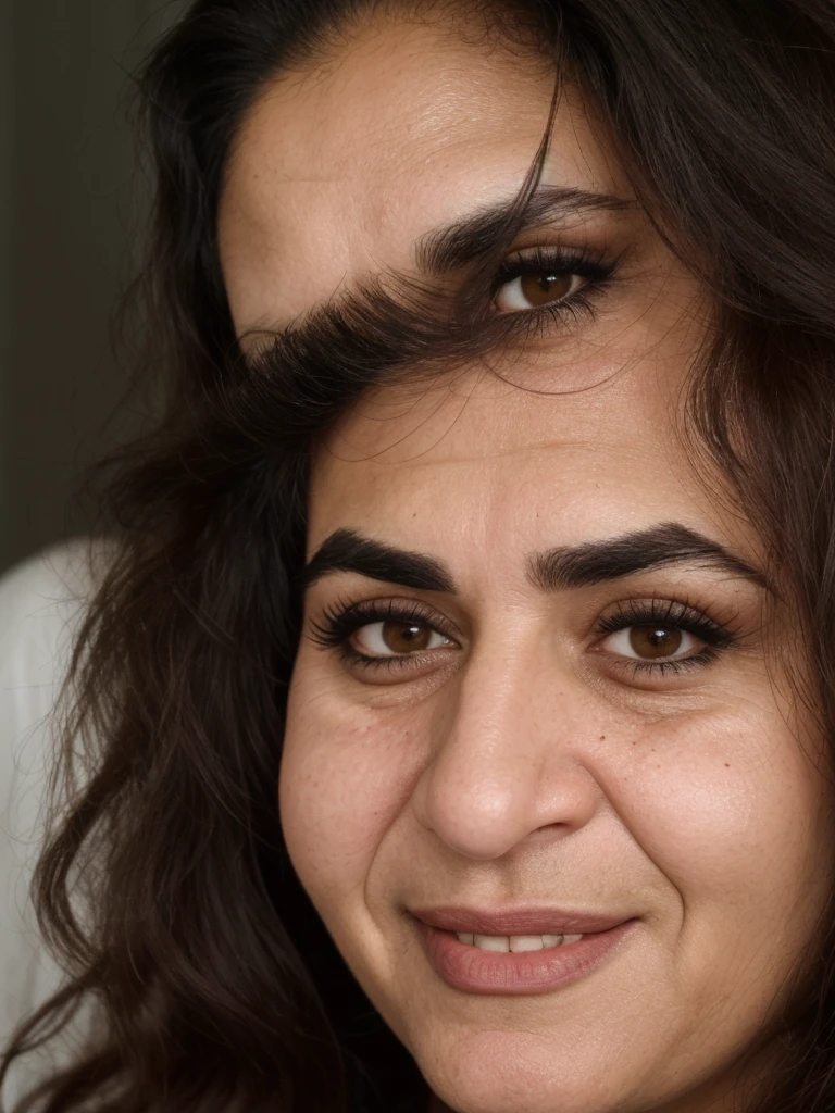 her name is Angleina, a middle-aged Kuwaiti woman, (((thick eyebrows))), (((snub nose))), (30 years old), (wrinkles), (ugly_face:1.6), 1girl, solo, (black long hair), grainy, amateur photo, smile