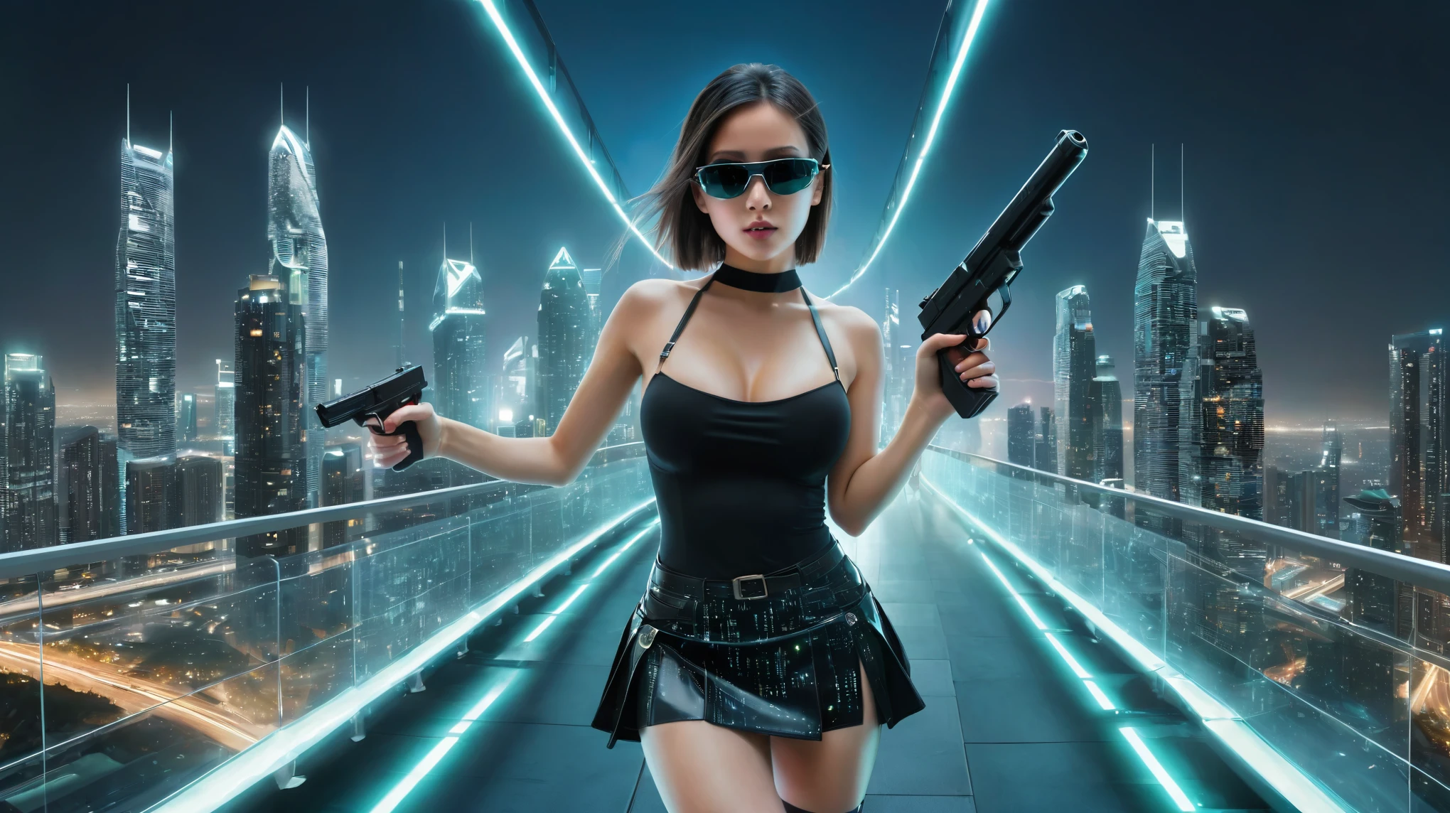 aerial view. sci-fi all-glass sky bridge, circuit hologram buildings, Matrix cascading code. At night, dark sky, (1girl, solo))), photo realistic, (large-breast:1.3 slim body, cleavage:1.2), (((tube top, very short pleated miniskirt))), (((((matrix style black sunglasses))))), (((aiming at camera with a mini pistol))), (looking at camera), (((((half-body (thigh level) medium shot))))), (cinematic lighting).