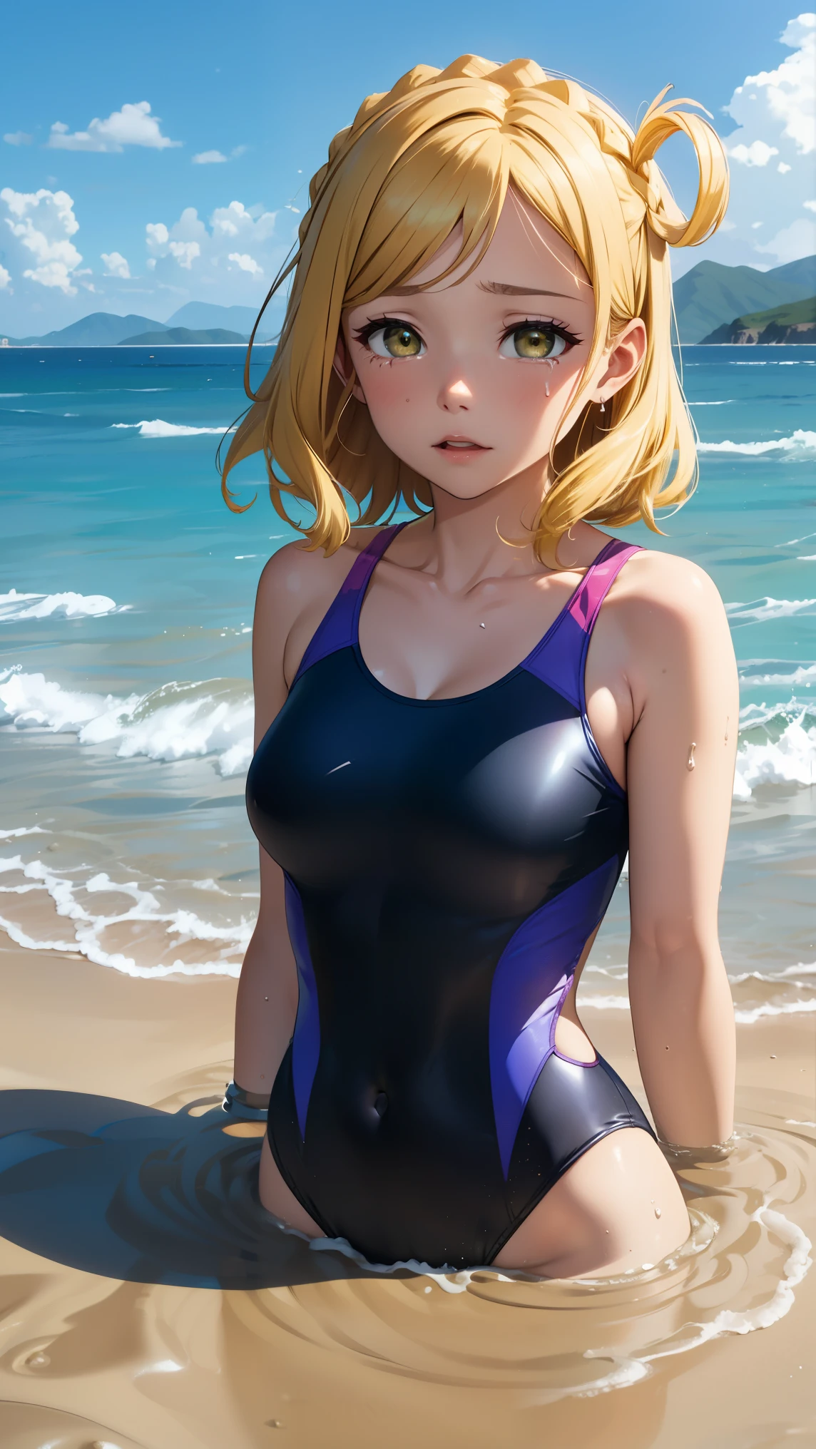 medium breasts, ohara mari, hair rings, blonde hair, yellow eyes, crown braid, medium hair,  (one-piece swimsuit, collarbone), beach, looking at viewer, (masterpiece), best quality, high resolution, unity 8k wallpaper, (illustration:0.8), (beautiful detailed eyes), extremely detailed face, perfect lighting, extremely detailed CG, surprised, shocked, tears on her cheeks, (quicksand, partially submerged)