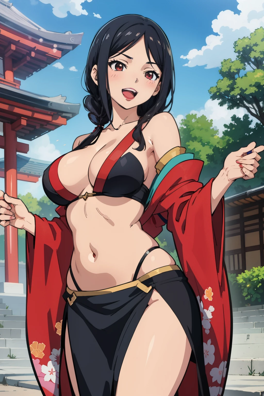 drmikoto, black hair, red eyes,mature female,lips, long hair, blush, lipstick, masterpiece, best quality, highly detailed, a anime girls in kimono dress with a sword posing for a
picture, bare shoulder,open kimono, evil smile, open mouth, crop top , smile,
ecchi anime style, anime girls, ecchi style, ecchi, digital anime art!!, in anime style, official artwork, visual
novel cg, beautiful anime girl, anime style 4 k, kimono pencil skirt, exposed belly, exposed navel,
exposed midriff, exposed lower belly, outdoor, japanese architecture, temple