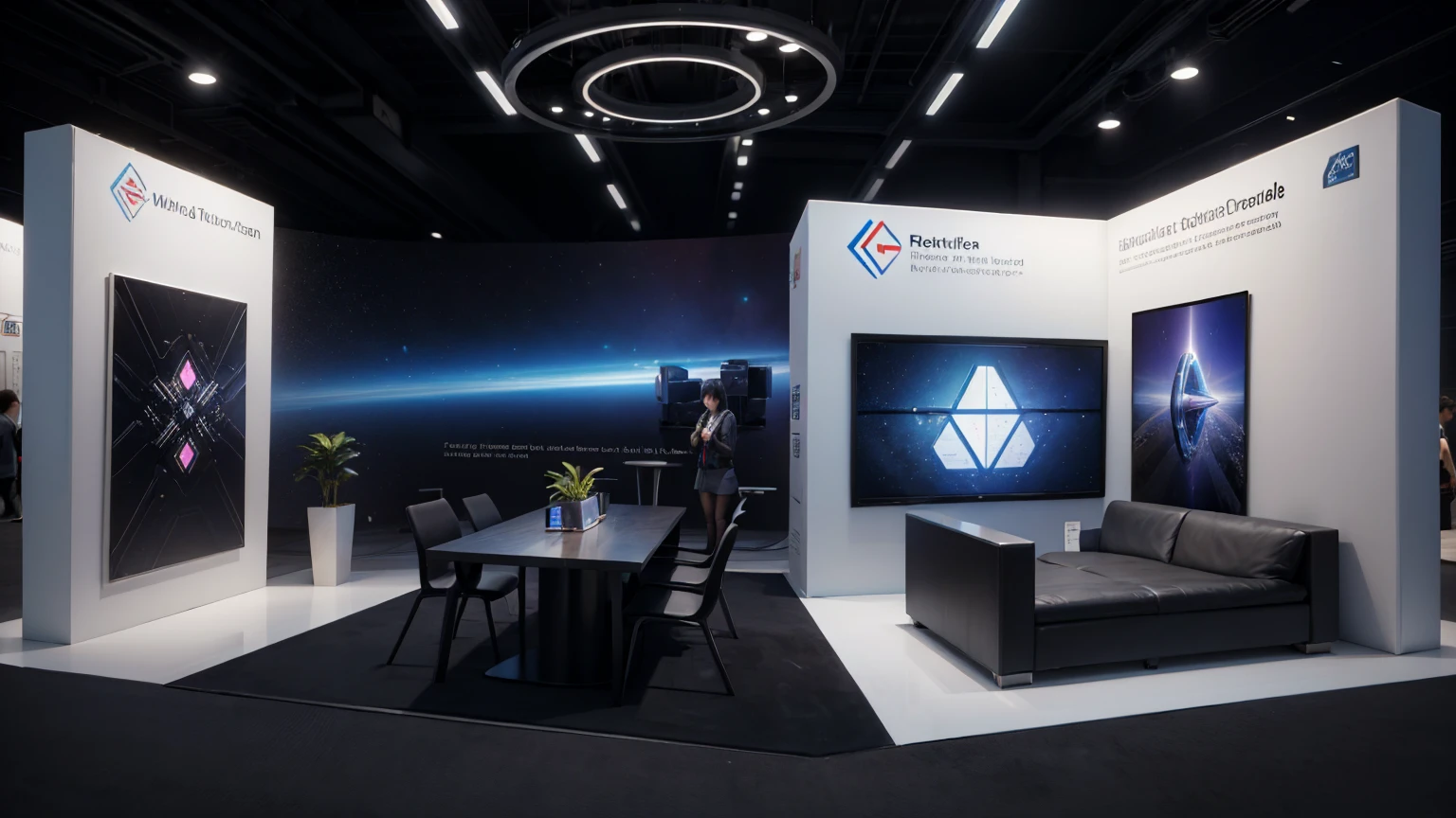 Metaverse Exhibition

Companies set up booths in a metaverse space to showcase the latest technologies and projects.
Participants navigate through the virtual space and visit each booth.  perfect pictures, super realistic image
