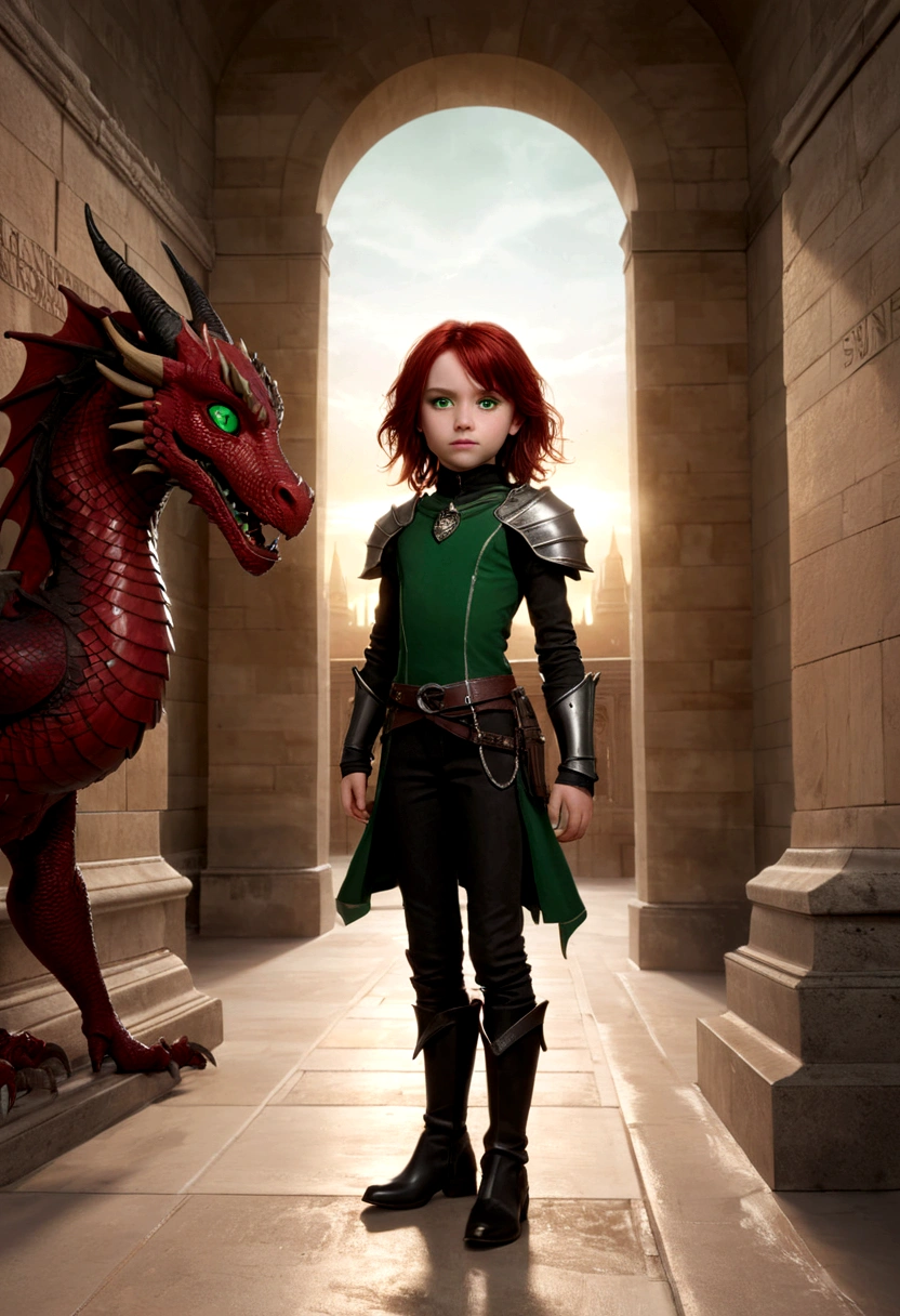a young 9-year-old daughter of severus snape, masterpiece, absurdres, (detailed green eyes, deep eyes), (1girl), cowboy shot, dragon girl, scales, red dark colored hair, dragon horns, dragon tail, dragon wings, armored boots, (at a mausoleum, sun up)