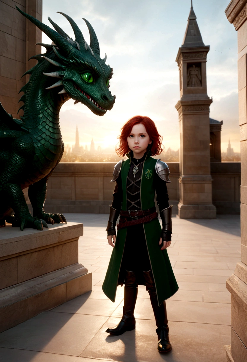 a young 9-year-old daughter of severus snape, masterpiece, absurdres, (detailed green eyes, deep eyes), (1girl), cowboy shot, dragon girl, scales, red dark colored hair, dragon horns, dragon tail, dragon wings, armored boots, (at a mausoleum, sun up)