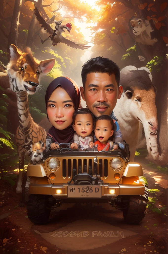 there is a picture of a family in a jeep with a animals in the forest, realistic cartoon, cartoon digital art, digital art cartoon, digital cartoon painting art, cartoon digital painting, cartoon painting, cartoon art, caricature illustration, cartoon artstyle, potrait, cartoon art style, in cartoon style, 3 d cartoon, an indonesian family portrait, cartoon portrait, by Abidin Dino