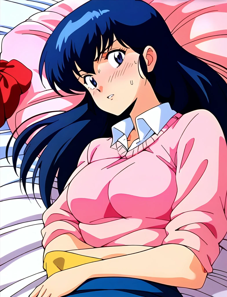 ,kyoko,score_9,score_8_upper,score_7_upper,sauce_アニメ,One girl,alone,Distract from the viewer、Hospital bed、Lying down、Pink Sweater,White collared shirt,length_skirt,blue skirt,Embarrassing、Rolled up skirt、Panties、Covered in semen、Torn clothing、Scattered Semen、