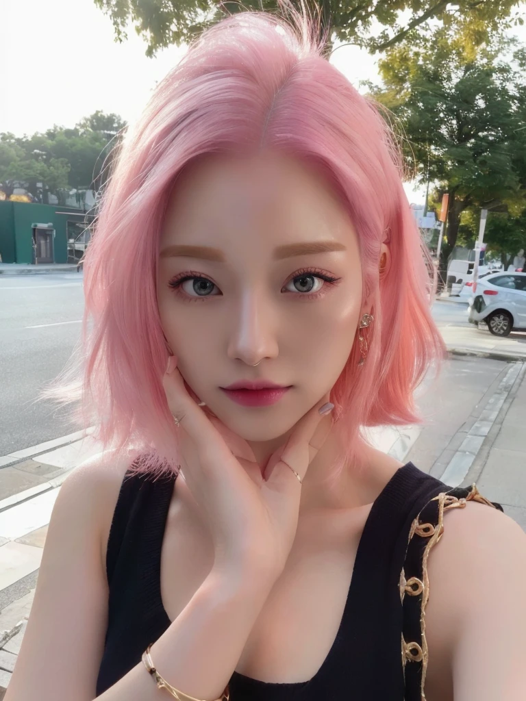 8K high quality,1 woman,Pink Hair:1.5