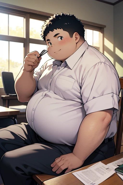 fat Boy，Eye，Shy，Uniforms，Sit in a chair next to the table，In the bedroom，high quality，high-definition，masterpiece。