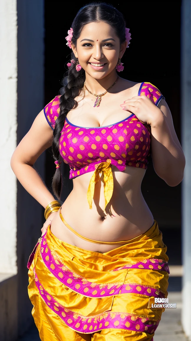 HD wallpaper 32k cinematic shoot of a Beautiful cute girl, with thick thighs and a curvy waist, twin braids, wearing an Indian blouse top, horny, seductively, in a school corridor, dotted blouse top, smiling, ((long curvy waist)), ((lowwaist)), ((curvy waist))