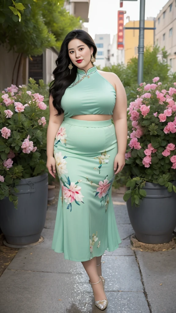 on the street，Fat woman，Very fat，Very fat，Crush flower clothes (No ),thigh, cosmetic, Outdoor sports, earrings, necklace, High-necked cheongsam, High Aims Neck Knit Bodycon Skirt，full-body shot，An Japanese woman，18 years old，big eyes，elegant temperament elegant temperament，(masterpiece:1.2, best quality), Practical, (The real situation,20 years old， Intricate details, Depth of Field，High Aims neck clothes), careful, The content is very detailed, This is a perfect face, Perfect body, Large Model, Mature woman, ims，Black mesh garter belt，8K,best quality, masterpiece, Ultra-high resolution,(lifelike:1.4), original photo, Stay focused, detailed, dramatic, Exquisite beautiful woman, (tall and straight:1.1),(Fat goddess striptease high collar,High Aims collar fitted skirt),half butterfly earrings, le ring necklace, (:1.05), (35 years old, : 1.4),Long curly hair, Beautiful graphics, Pleated Skirt and Fishnet Stockings，High Aims heel