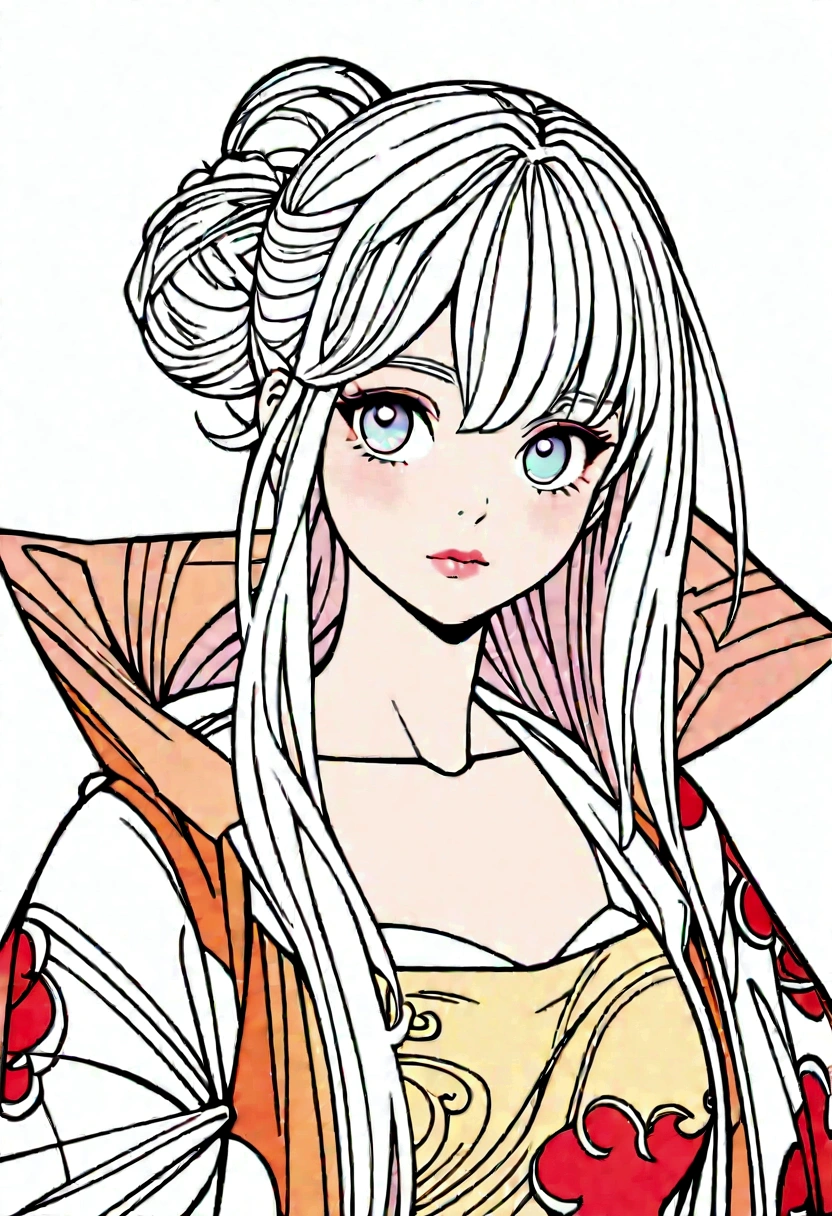 create a girl 1, hair, (white eyes), akatsuki outfit, ninja, cape, lab coat, turtleneck, collarbone, head, outdoors, hair bun part, hair, long hair, style 2d rendering, no background, coloring line art, cool coloring pages, coloring book art, coloring book page style vector lines, 8k