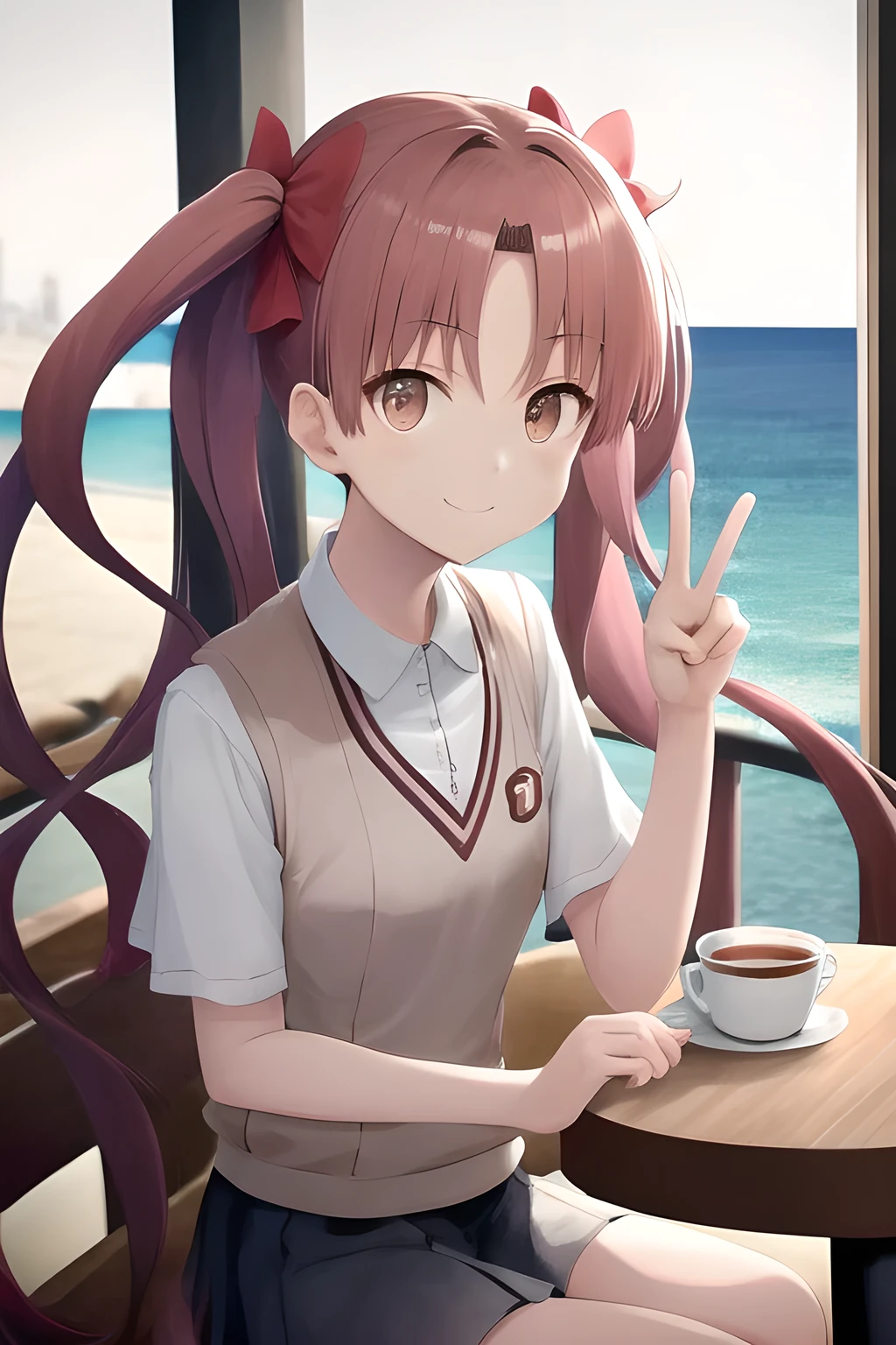 Twin Tails, shirai kuroko, tokiwadai , In a café with a view of the sea, gentle smile, peace sign, masterpiece, best quality, very aesthetic, absurdres, 