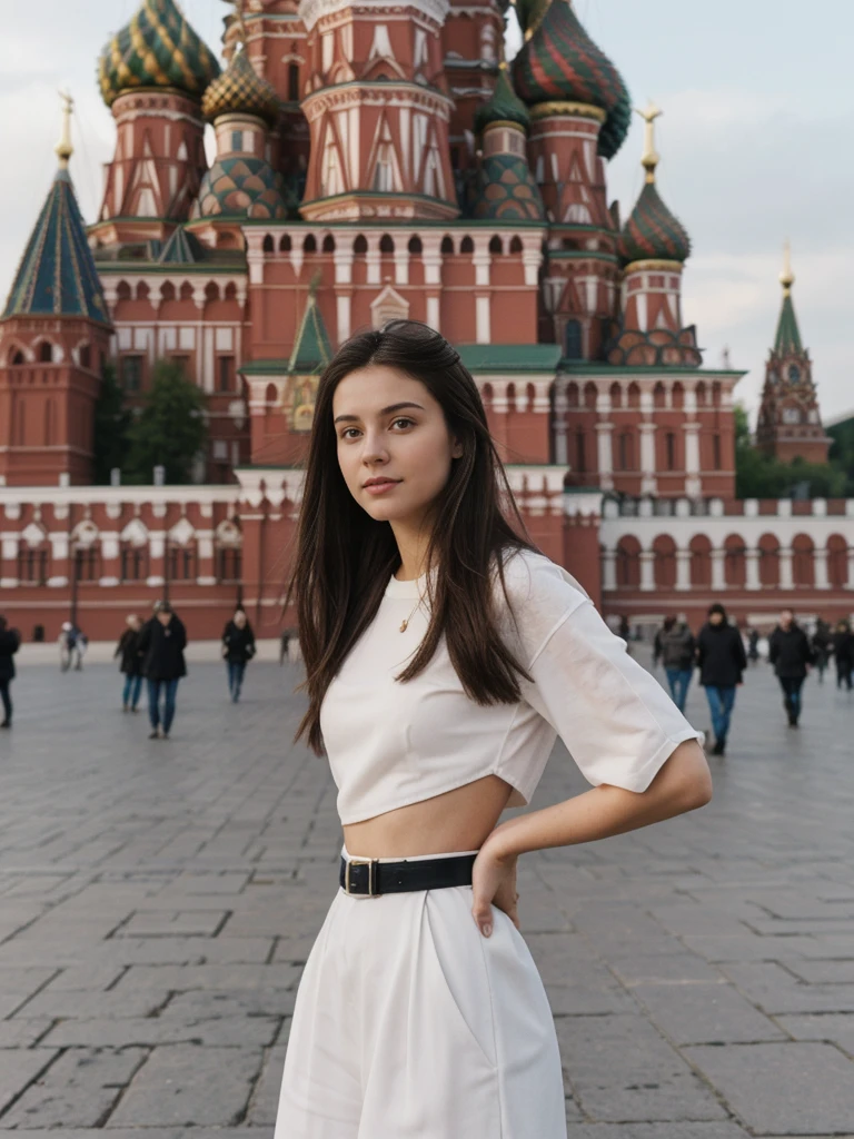 her name is Amelie, high quality, 1girl, ((20-year-old fit Caucasian woman)), ((20 years old)), ((fit)), ((Half-Up Bun dark hair)), pose: Generation-Z poses, wearing stylish fashionable Generation-Z modern wear colored, BACKGROUND:At Red Square, with the iconic St. Basil's Cathedral, Lenin's Mausoleum, and the Kremlin walls