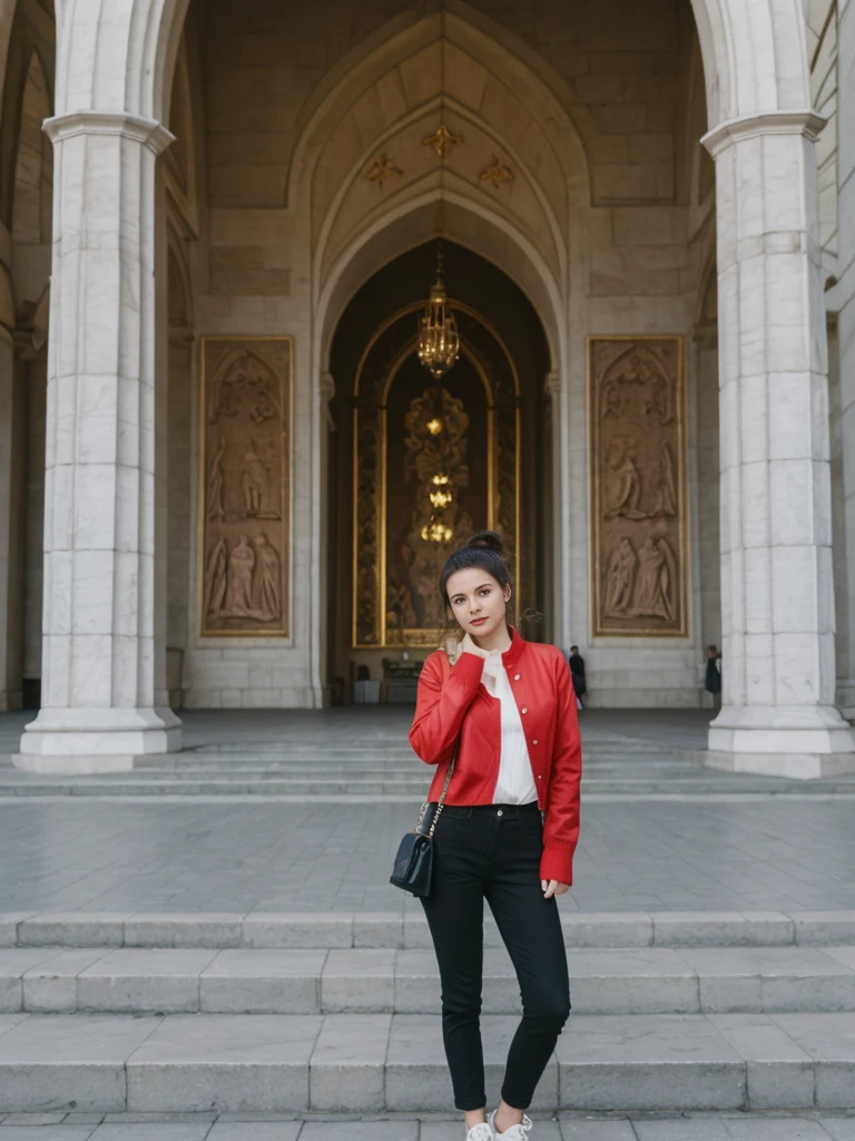 her name is Amelie, high quality, 1girl, ((20-year-old fit Caucasian woman)), ((20 years old)), ((fit)), ((Half-Up Bun dark hair)), pose: Generation-Z poses, wearing stylish fashionable Generation-Z modern wear colored, BACKGROUND:At Red Square, with the iconic St. Basil's Cathedral, Lenin's Mausoleum, and the Kremlin walls